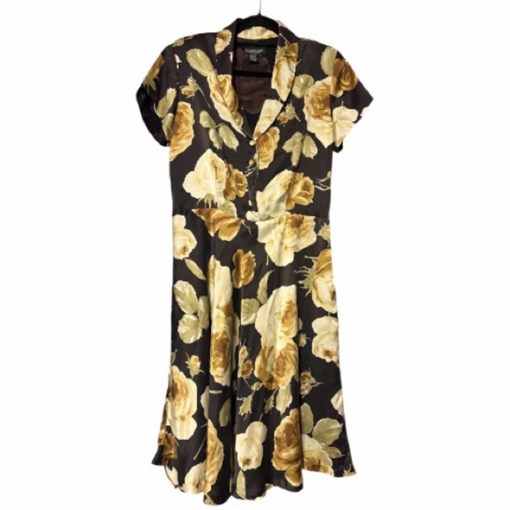 Rare Vintage J Peterman Black Silk Floral Midi Dress Yellow Rose Print - Picture 2 of 5